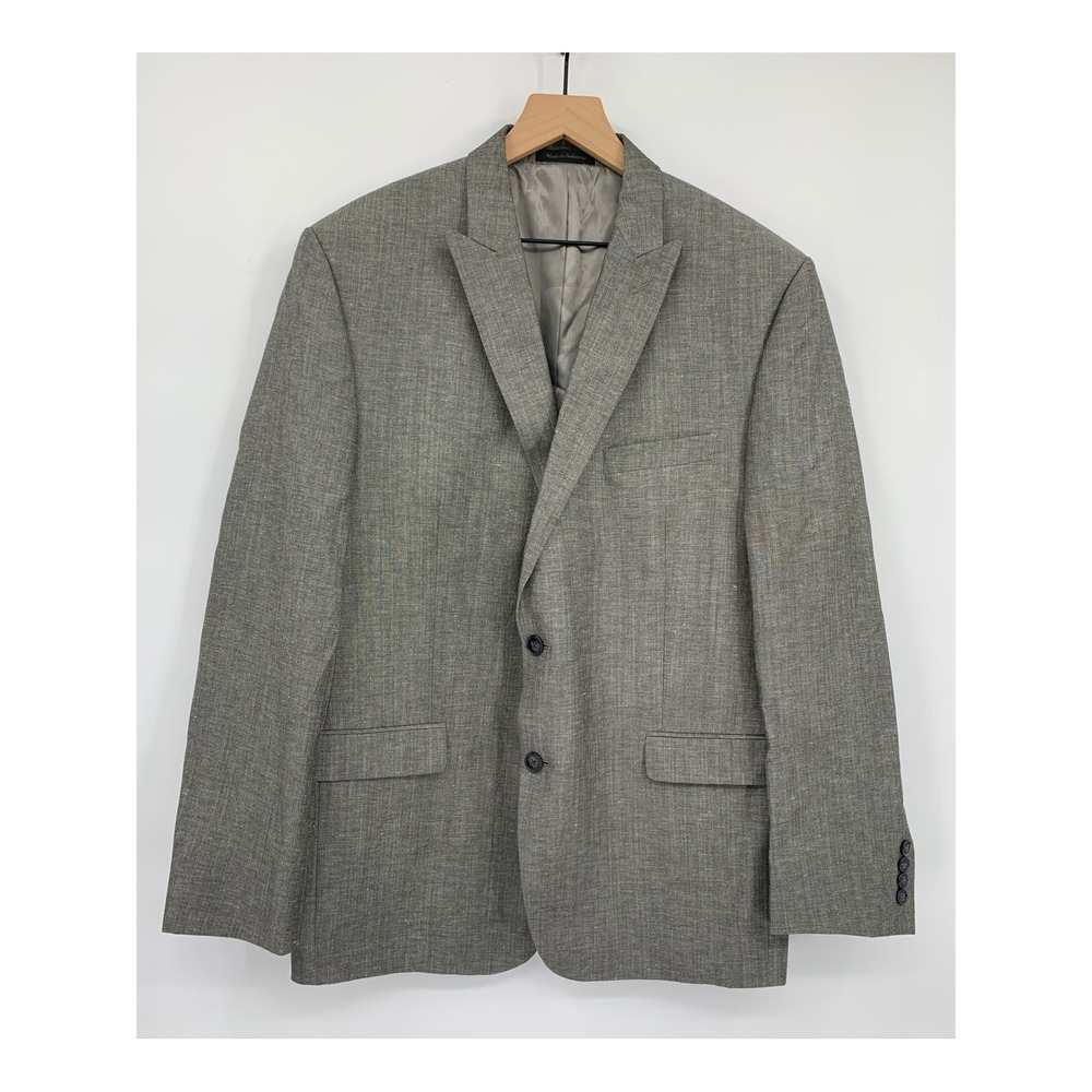 Calvin Klein Blazer Mens 44R Gray Herringbone Linen Wool Shawl Collar Sport Coat